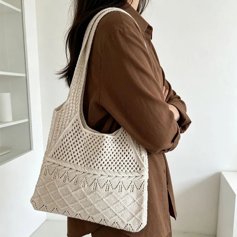 Solid Knitted Bag Hollow Woven Embroidered Shoulder Soft Handbags