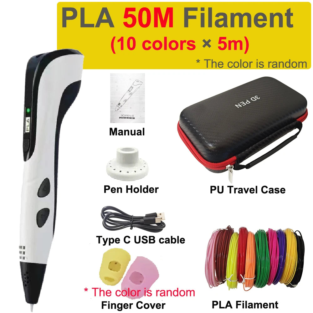 New 3D Printing Pen 3D Pen for Children 1.75mm PLA Filament DIY Drawing Birthday Christmas Gifts for Kids with Travel Case Vue White-50mPLA USB no adaper