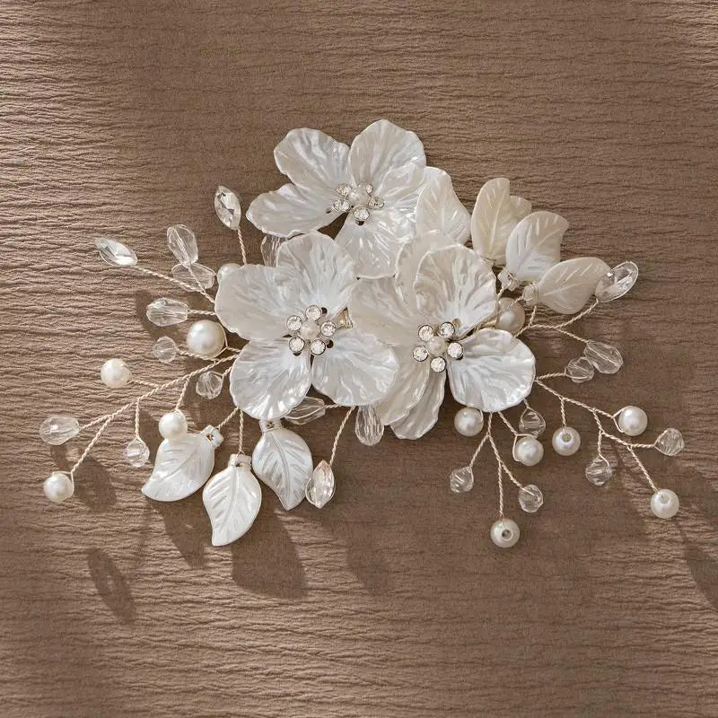 1Pcs Handmade White Brides Headdress New Crystal Pearl Flower Bridal Headwear Elegant Luxury Wedding Hairpin For Women Vue