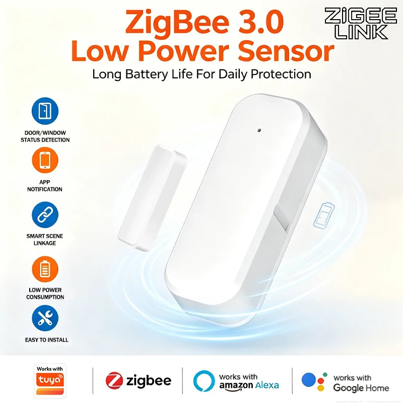 Zigbee3.0 Smart Magnetic Detector Door Window Sensor Anti-Burglar Alarm Open Close Status Reminder Work With Alexa Google Tuya Vue