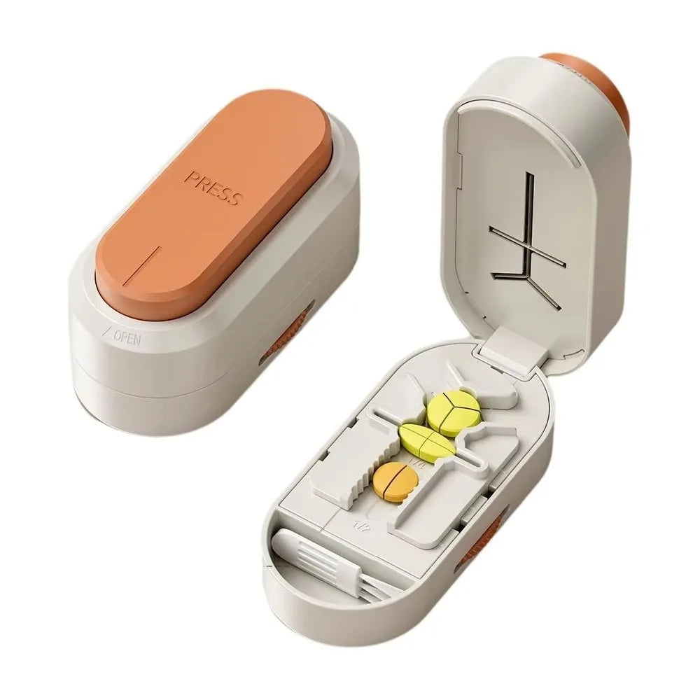 Adjustable Design Portable Pill Cutter Dustproof Sliding Adjust Tablet Divider Precise Cutting with Cleaning Bush Vue Orange