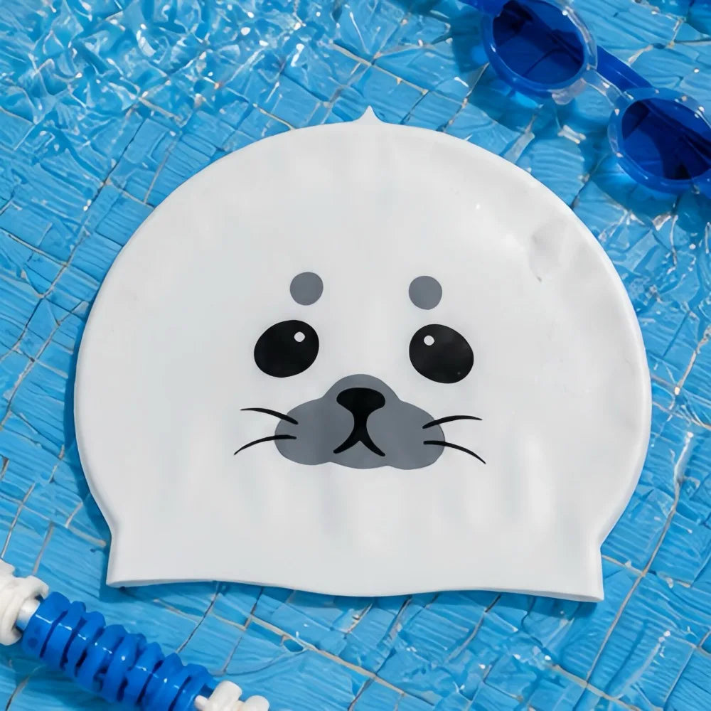 Funny Waterproof Swimming Caps Ear Protection Comfortable Silicone Swim Caps Elastic Animal Printed Seal Swim Hat Water Sports Vue Side printed