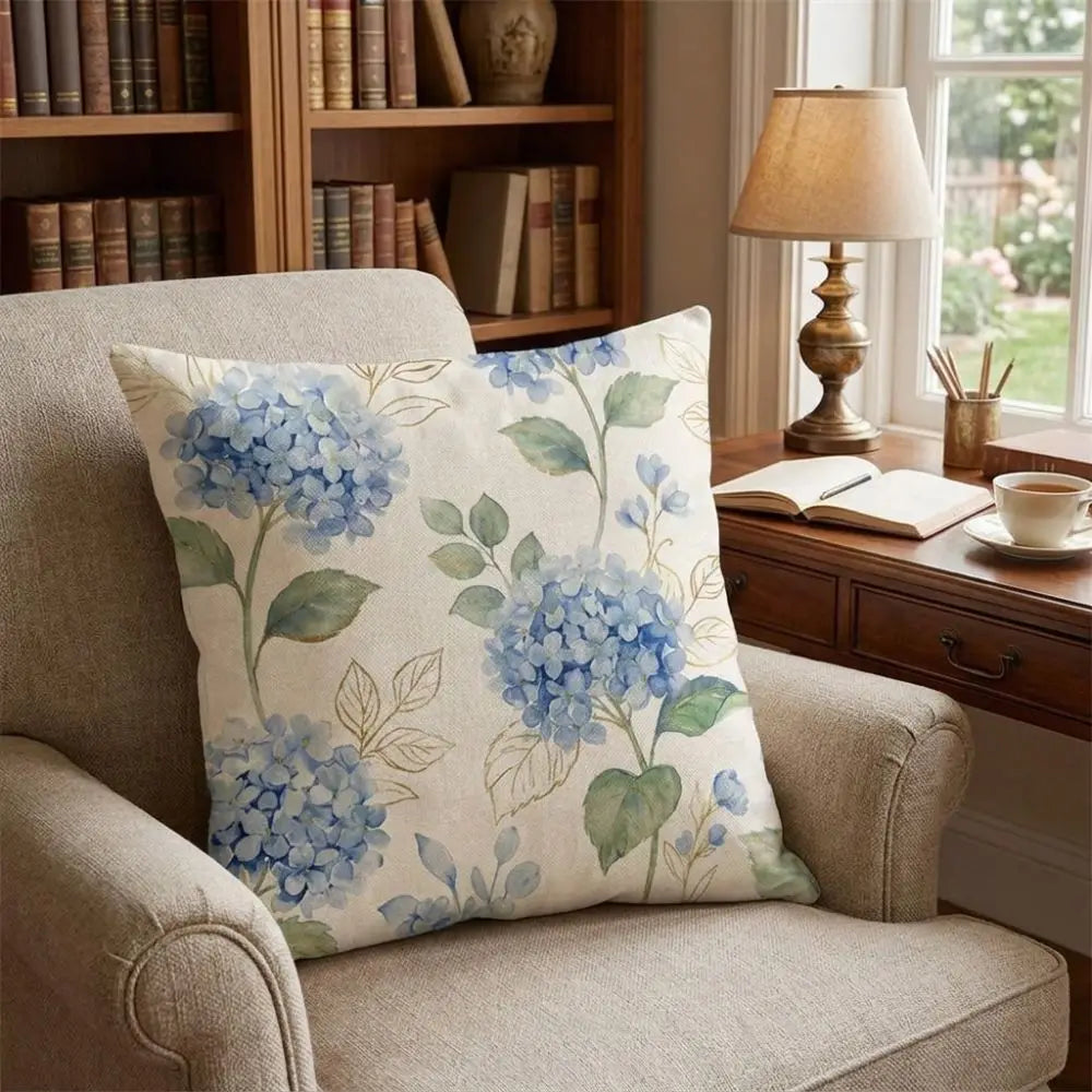 Skin-Friendly Hydrangea Cushion Cover Flower Printed Linen Throw Pillow Cover Soft with Zipper Floral Pillow Cover Home Decor Vue