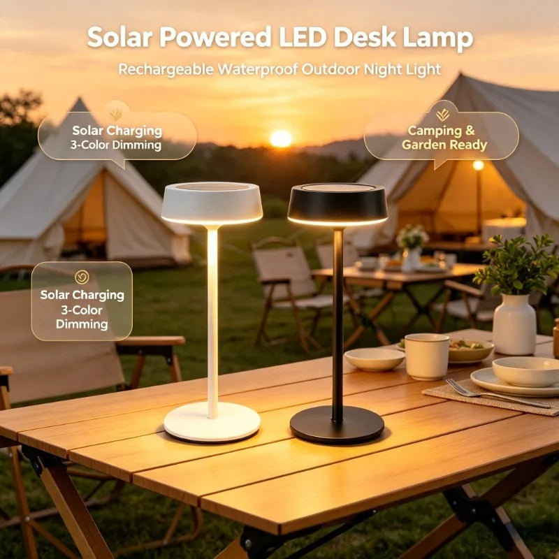 Solar LED Portable Table Lamp, Dimmable Rechargeable Outdoor Light with 3 Color Modes for Garden Patio Camping Vue