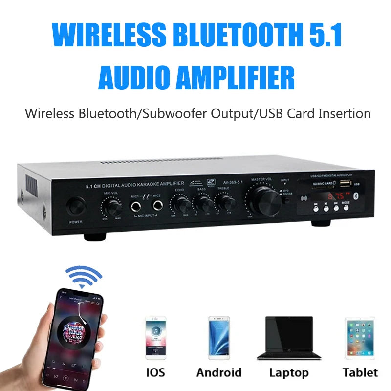 High Power Amplifier AV-369BT 6 Channel Bluetooth 5.1 Sound Speaker AMP Stereo Audio Amplifier Receiver Home Theater Amplifie Vue
