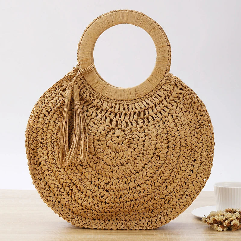 Summer Women Round Straw Bags Rattan Shoulder Bag Handmade Woven