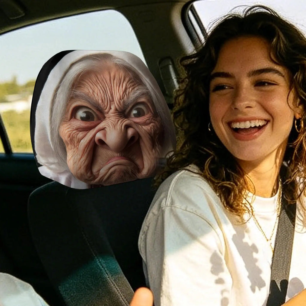Funny Headrest Covers 2 Pieces Granny Face Print Elastic Universal Fit for Car SUV Sedan Truck Driving Road Trip Daily Commute Vue