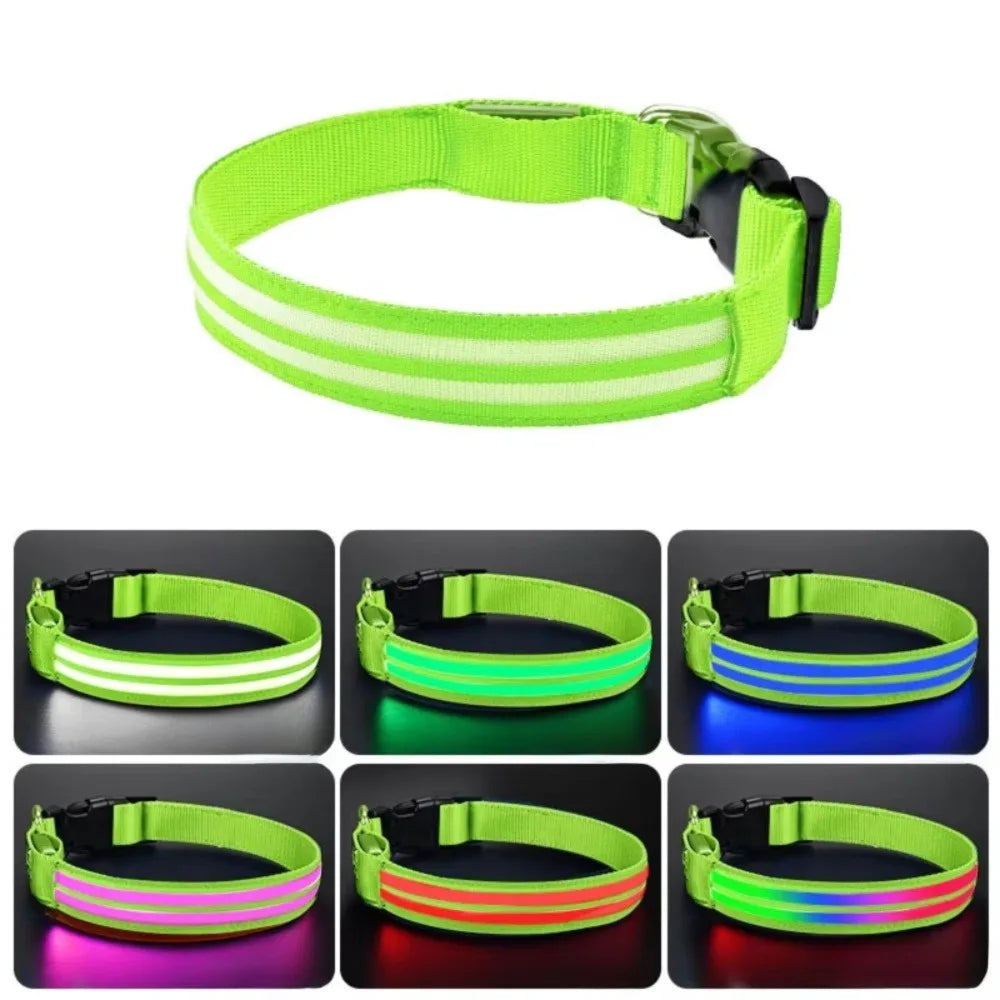Adjustable Light Up Dog Collar Nylon Material Flashing Light LED Glowing Dog Neck Ring Waterproof Anti-Lost Vue L-Green Multicolor