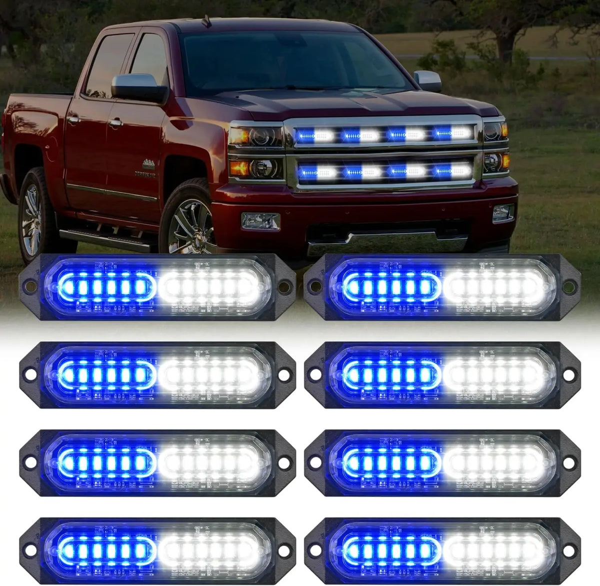 Nilight 12LED Blue White LED Strobe Lights 12V Surface Mount Flashing Warning Hazard Sync Mini Grille for Cars Trucks SUV 8pcs Vue Crystal Blue Blue 4500K|12W|3600LM|United States