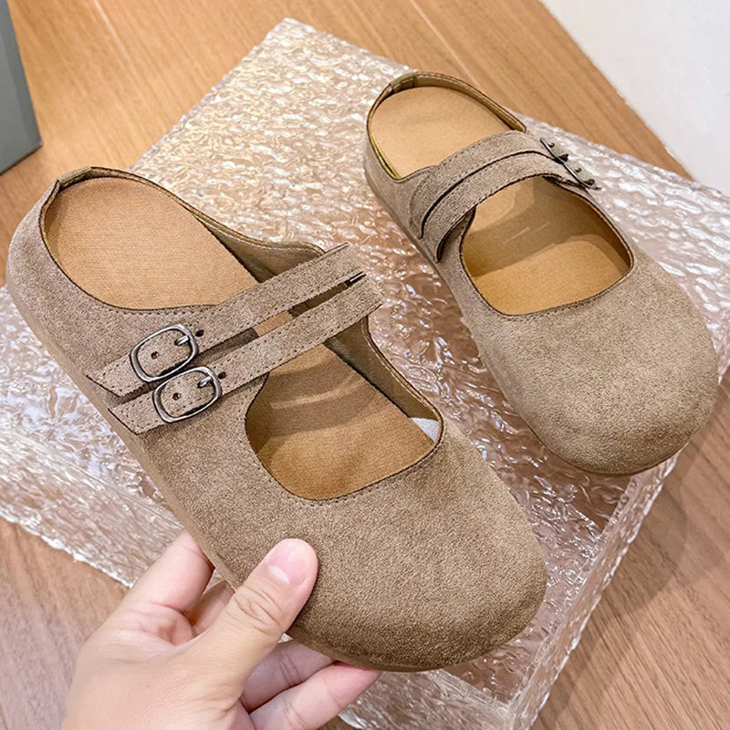 Women's Mary Jane Half Slippers Double Button Flat Mule Women's Flat Mule Slippers Vue