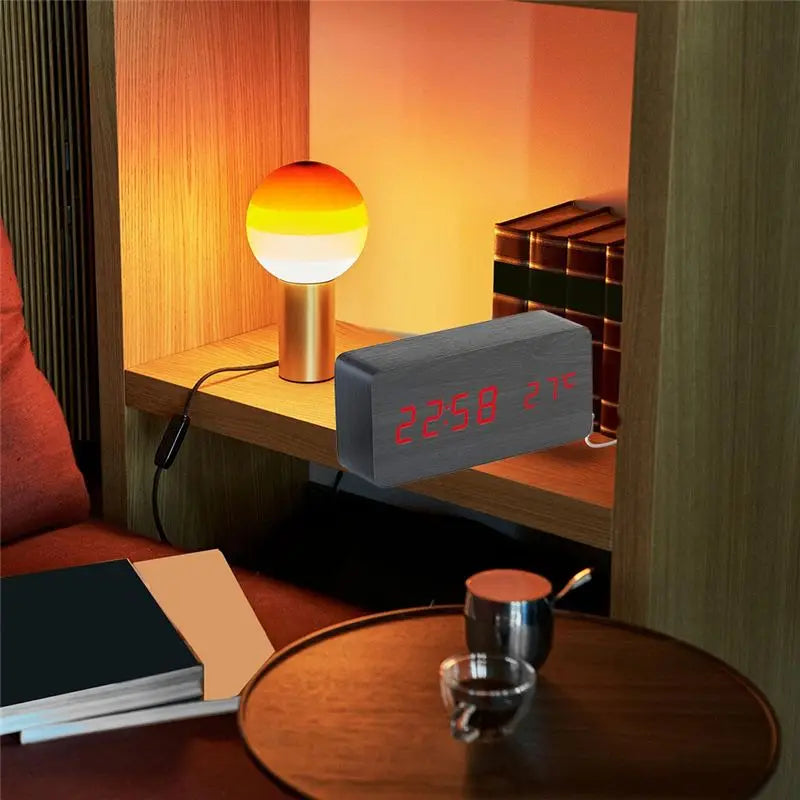 ABKW-Wooden Square Desk Clock LED Digital Display Alarm Clock Temperature Display Clock For Bedroom Decoration Clock Vue