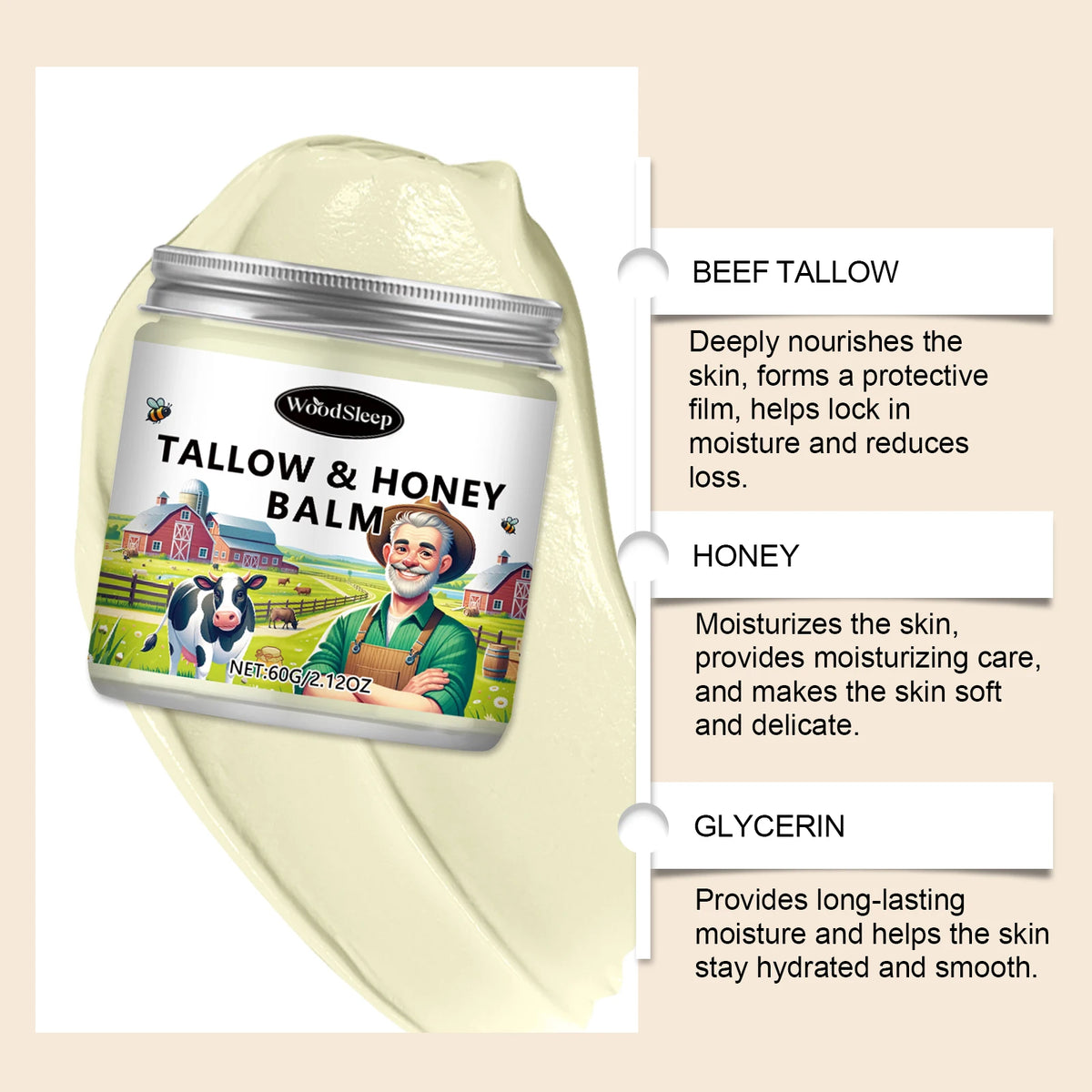 60ml Tallow Honey Balm Deep Moisturizing Beef Tallow Face Cream Body Lotion Anti Crack Face Cream Skin Care Vue