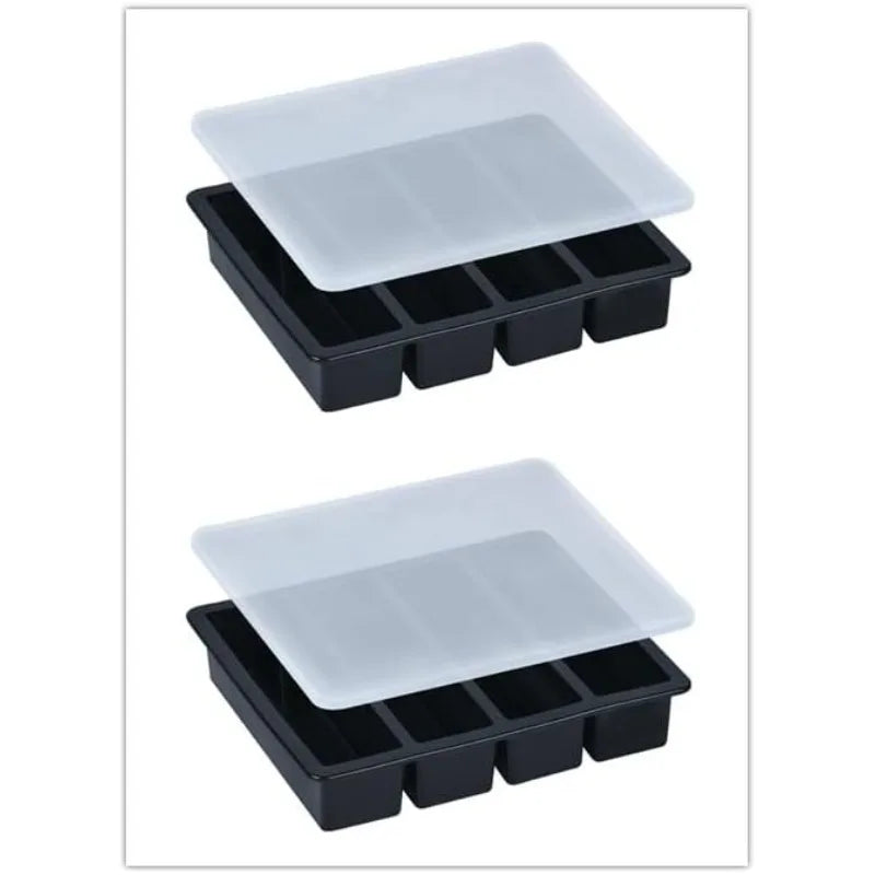 2pcs 4-Slot Large Rectangle Silicone Ice Cube Tray with Lid, Easy To Release, for Home and Commercial Use, Whiskey Ice Cube Mold Vue 2pcs