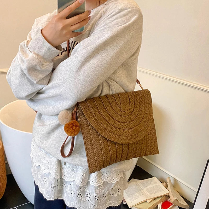 Handmade Straw Woven Beach Shoulder Crossbody Bag Women Envelope