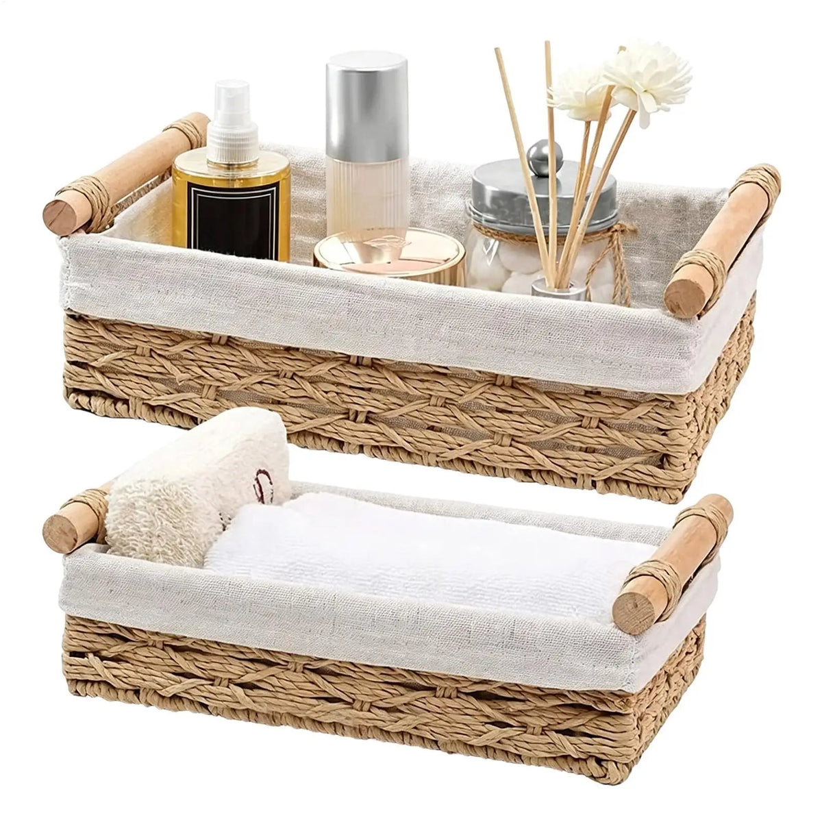 Storage Basket with Handles & Liners, Decorative Organizer Bin for Desktop Remote Control Keys, Countertop Tidy Tray for Home Vue