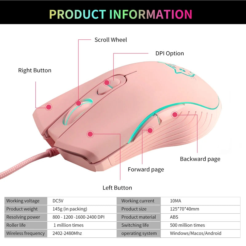Lenovo Wired USB-C Mouse LED 7-Colors Backlight Comfortable Mute Button Ergonomic Design 2400 DPI Esports Gaming Mouse Vue