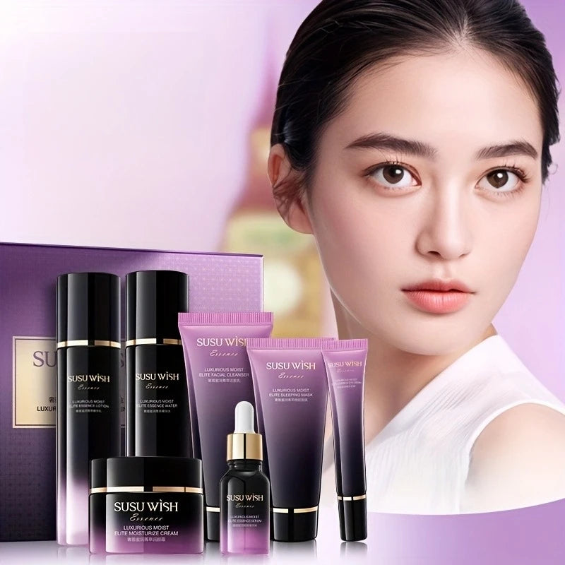 Luxurious and Elegant Nine-Piece Moisturizing Essence Set, Including Cleansing Milk, Essence Water, Essence Lotion, Essence Serum, Moisturizing Cream, Eye Cream, Sleeping Mask, Containing Niacinamide, Centella Asiatica Extrac Vue