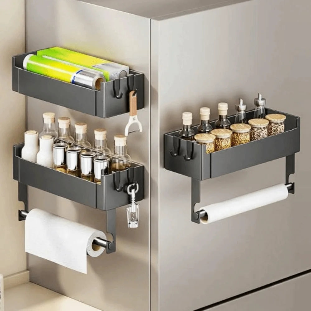 Carbon Steel Refrigerator Magnetic Shelf Punch Free Wall Mounted Refrigerator Side Storage Rack Large Capacity Space Saving Vue