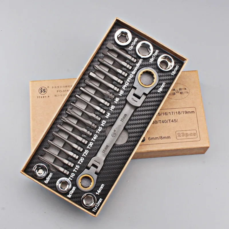 Multi-angle Ratchet Wrench Screwdriver Tool Set, Cross Hex Socket Kit, Household Car Repair Hand Tools for Machinery Maintenance Vue