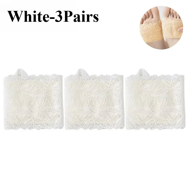 1-10Pairs Women Half Toe Socks Lace Trim No Show Anti Slip for High Heels Pumps Flats Breathable Thin Invisible Summer Vue White-3Pairs One Size