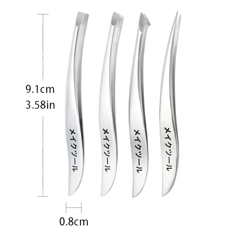 4pcs Japanese Banana Stainless Steel Precision Tweezers Set, Unscented, for Eyebrow, Eyelash, and Barbs Removal Vue