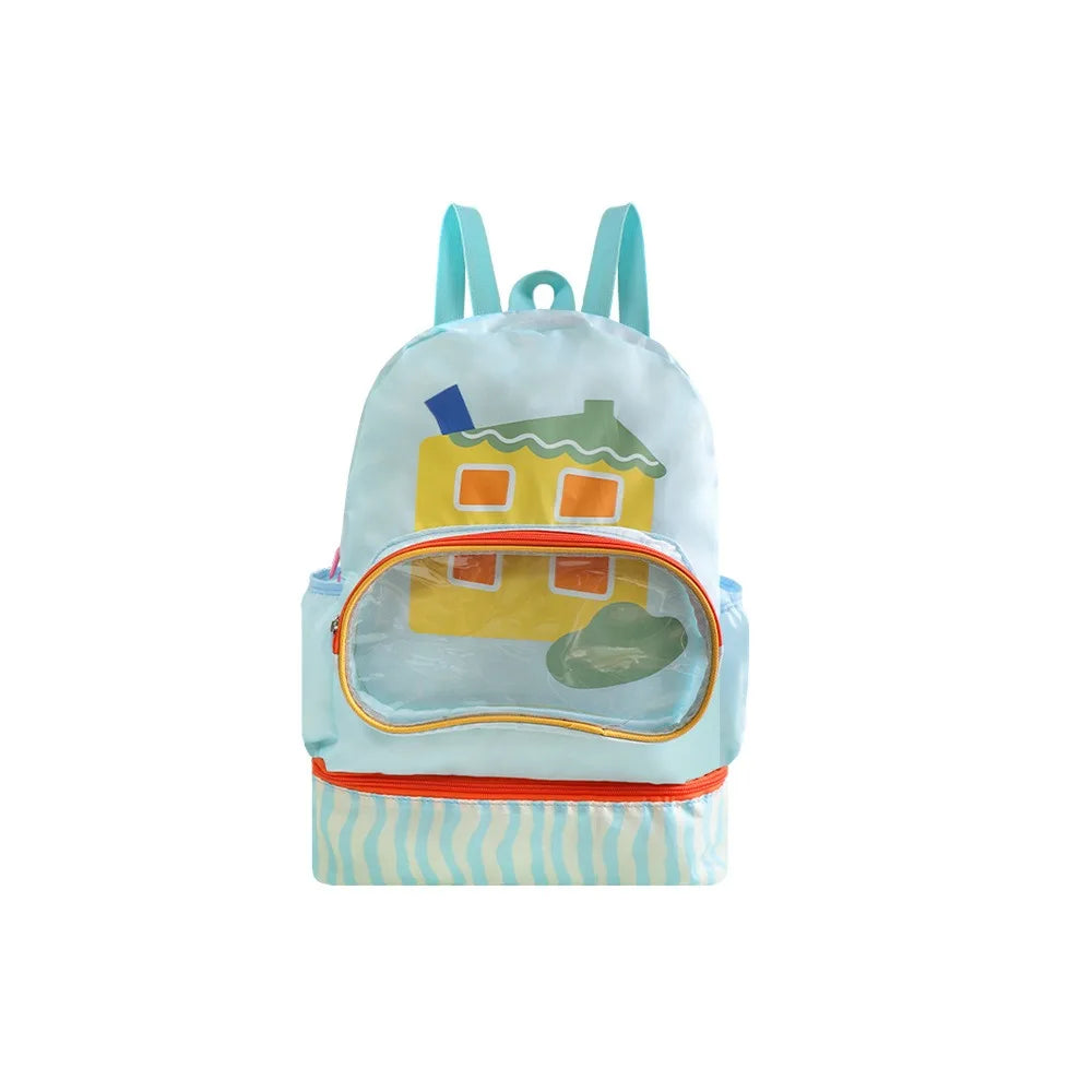 Waterproof Swimming Storage Bag Wet Dry Separation Double-Shoulder Swim Backpack Cartoon Design Shoe Compartment Vue Blue