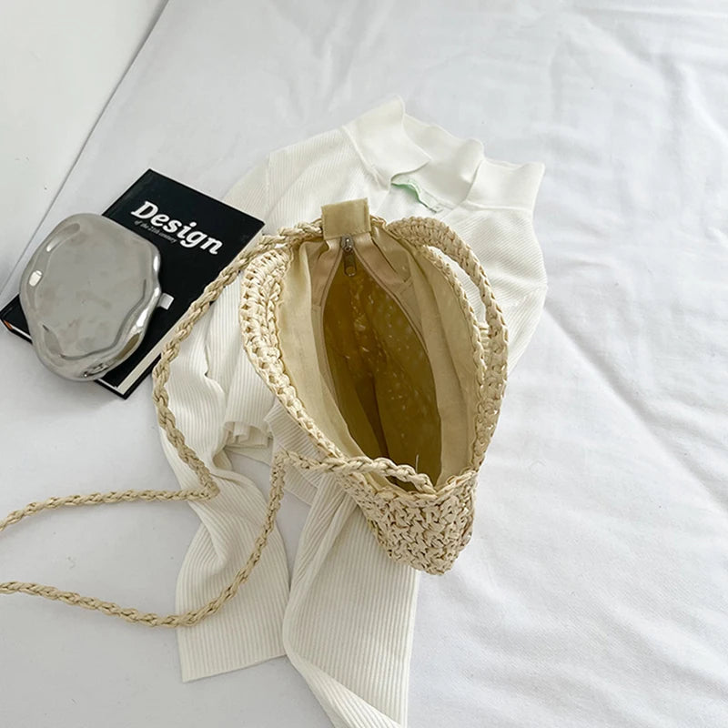 Round Straw Crossbody Bag Handmade Woven Shoulder Women Summer Beach