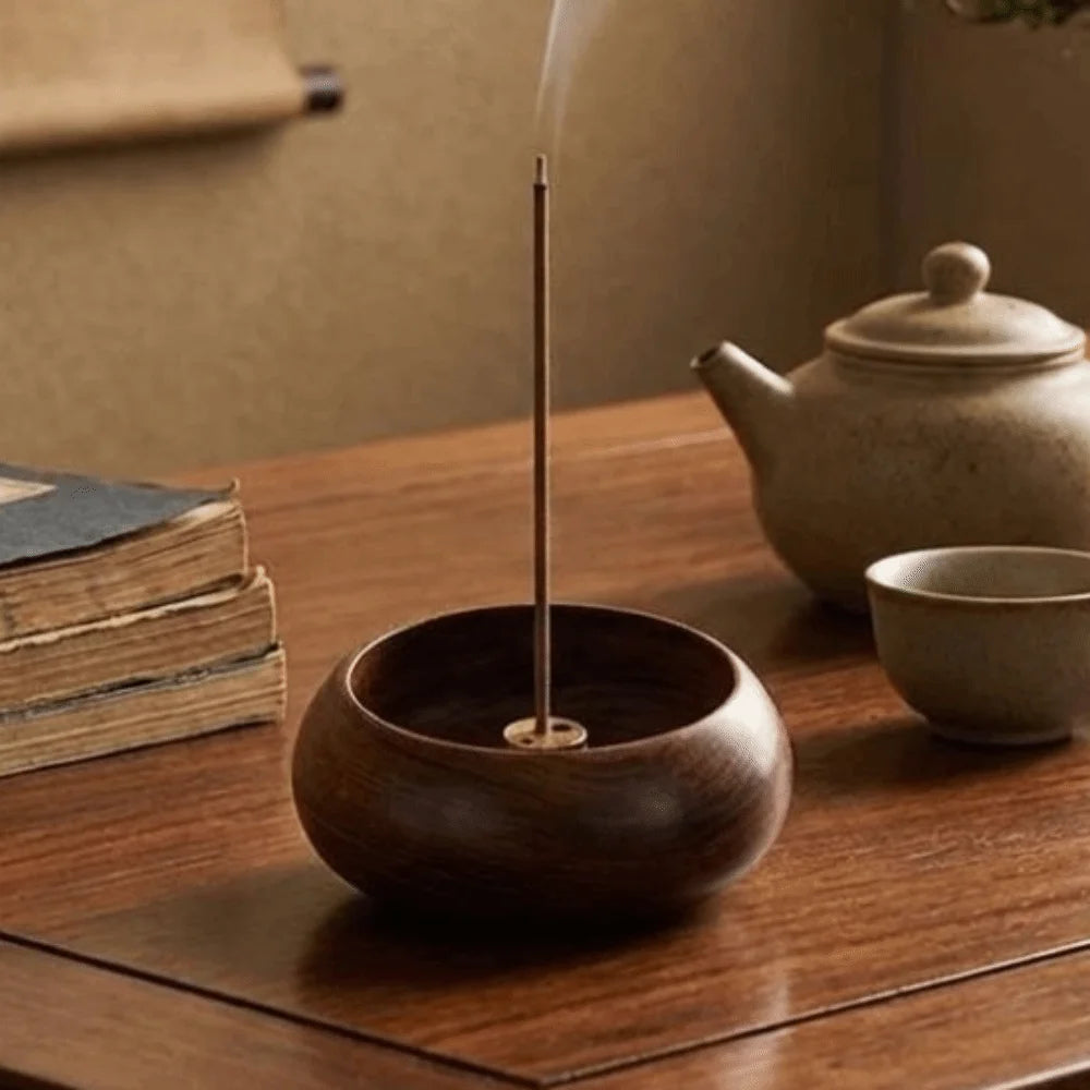 4 Holes Wooden Incense Holder Solid Wood Handcrafted Stick Holder Smooth Polished Retro Bowl Shape Censer Desktop Decor Vue