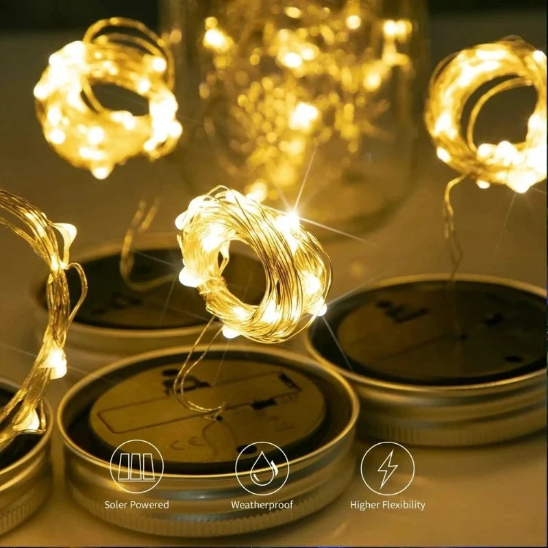 Solar Mason Jar Lid Light 20 Leds Fairy String Lights with Handles for Garden Hanging Lantern Patio Wedding Party (No Jar) Vue 2m Warm Light