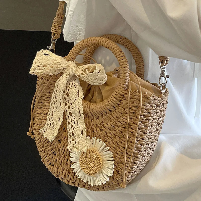 Handwoven Straw Rattan Half-moon Beach Handbag Small Women Summer