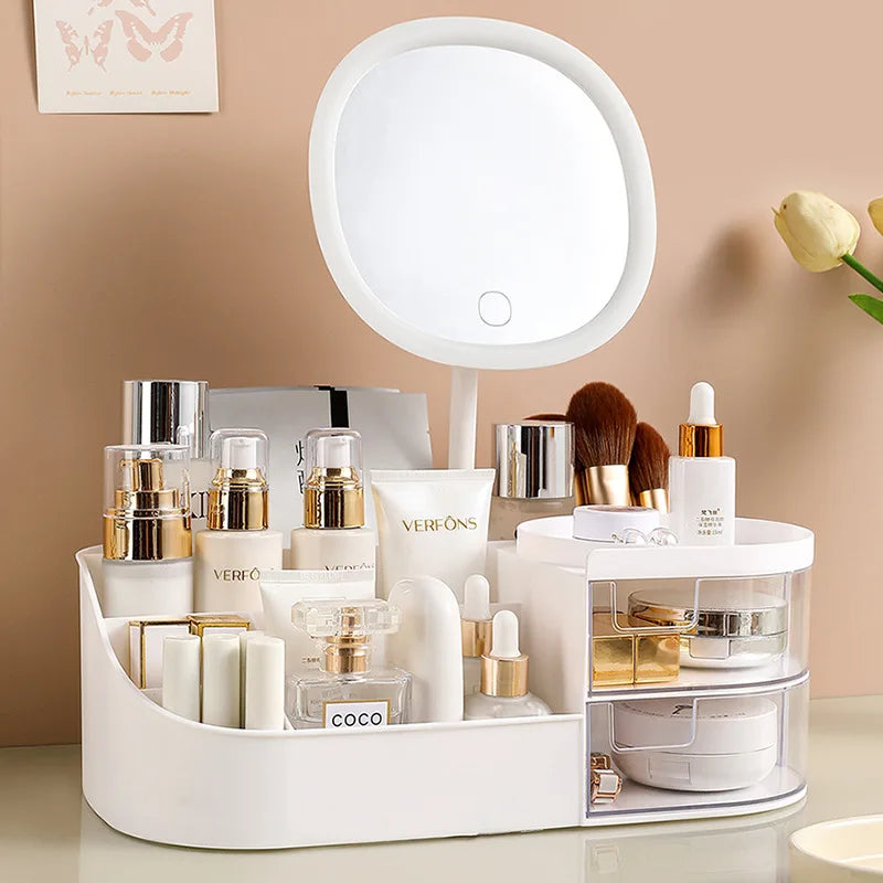 Makeup Storage Box With Mirror Desktop Dressing Table Makeup Mirror Cosmetics Jewelry Storage Box Touch Light Storage Organizer Vue