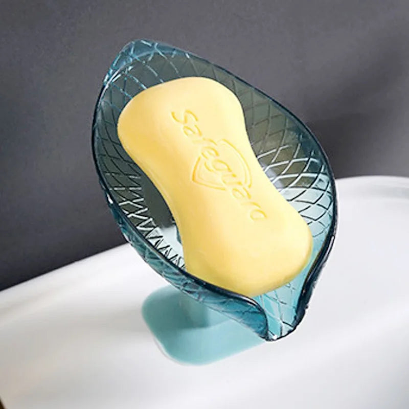 1Pc Leaf Design Drain Soap Box with Suction Cup Decorative Plastic Self Draining Bathroom Soap Tray Bathroom Organizers Storage Vue Blue 1pcs