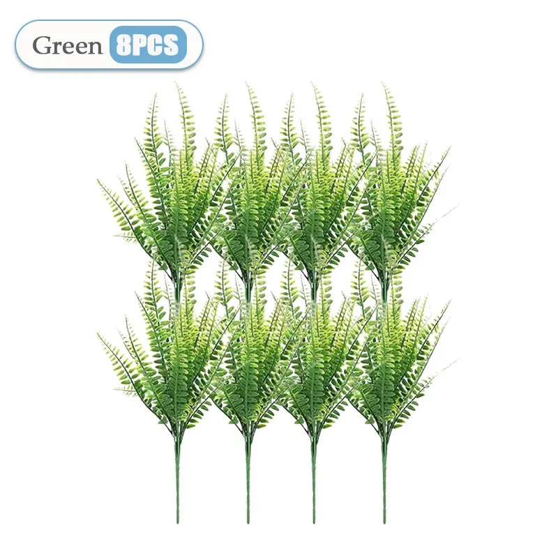2-32PCS UV Resistant Artificial Boston Fern Plant for Hanging Baskets Wedding Home and Garden Decor Lifelike Fake Fern Vue Green-8PCS