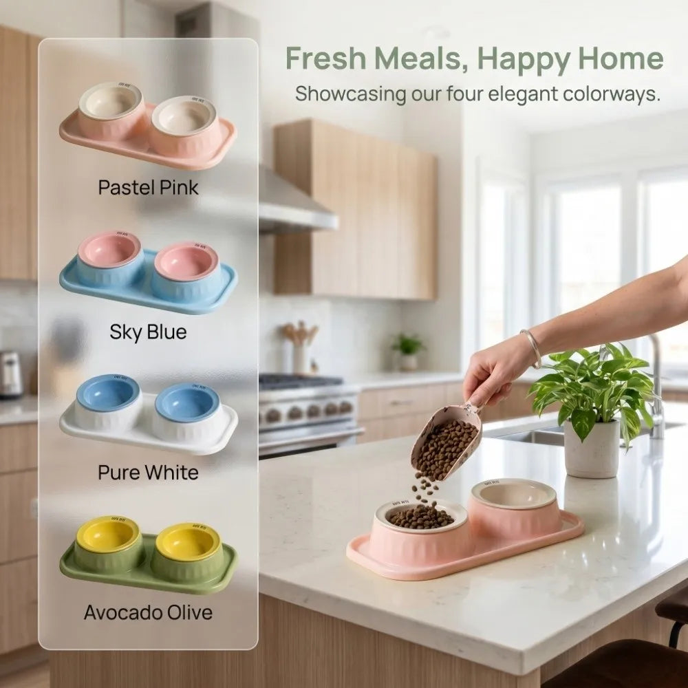 Ceramic Double Pet Bowl Non-Slip Neck Protection Double Pet Feeding Bowl Set Stable Base Separation Design Pet Feeding Bowl Vue