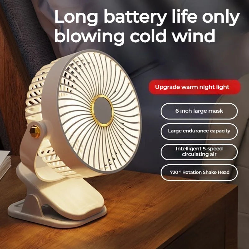 Ultra-quiet Mini Fan 5-Speed+Night Light USB Rechargeable 2Colors