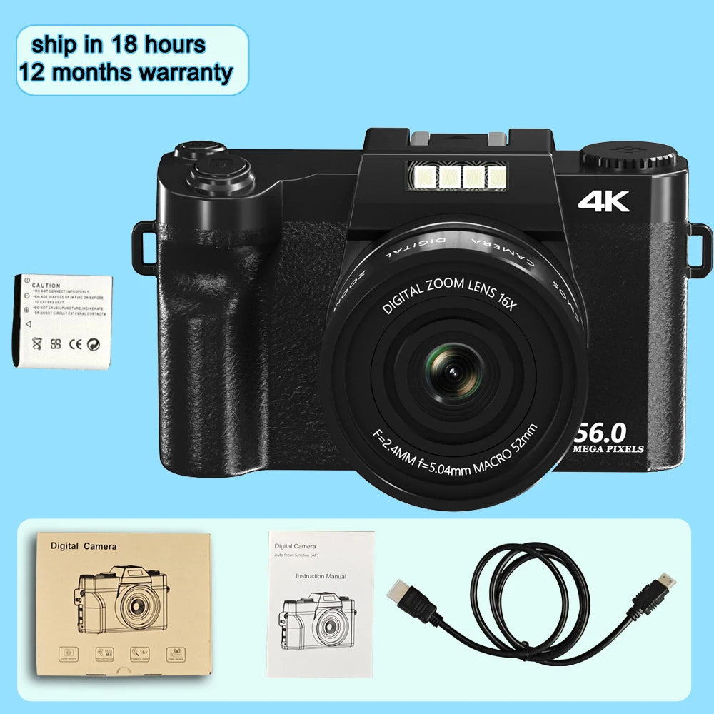 4K Digital Camera 48MP Vlogging YouTube 60FPS Auto Focus 16X Zoom Camcorder Recording Video With LENS Selfie Time Set New Camera Vue No WiFi
