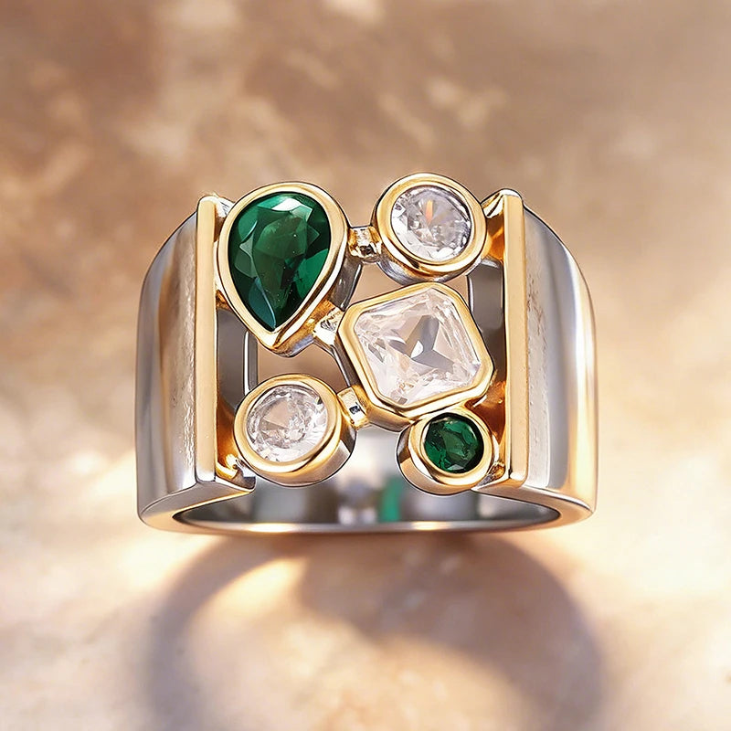 Huitan Two-Tone CZ Wedding Band Ring for Women Fashion Ring Vue