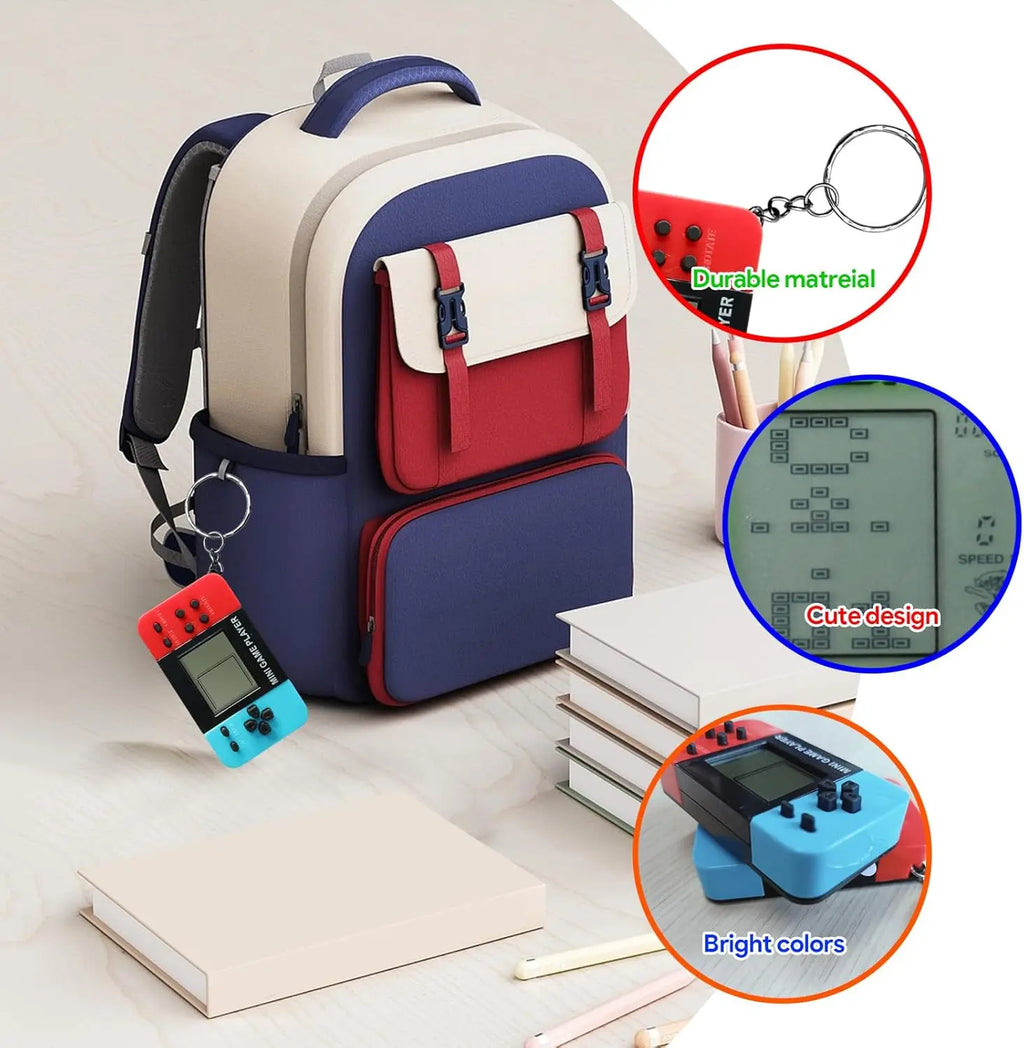Retro Tetris Game Console Keychain Dual Color Handheld Electronic Game Player Classic Pocket Toy for Backpack Purse Key Ring Vue