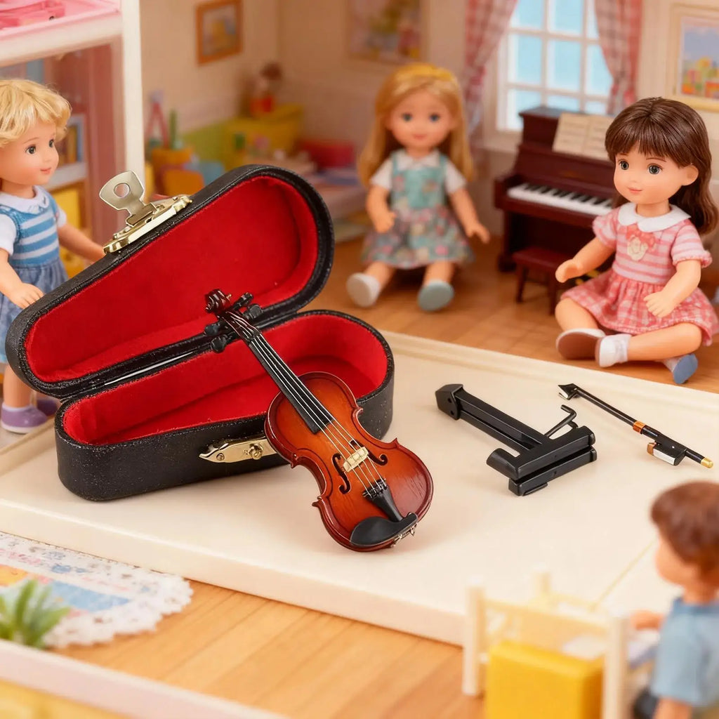 Mini Violin with Sad Music 5 Inch Doll House Decoration Desktop Decor Instrument Model for Children Bedroom Bedside Bookcase Vue