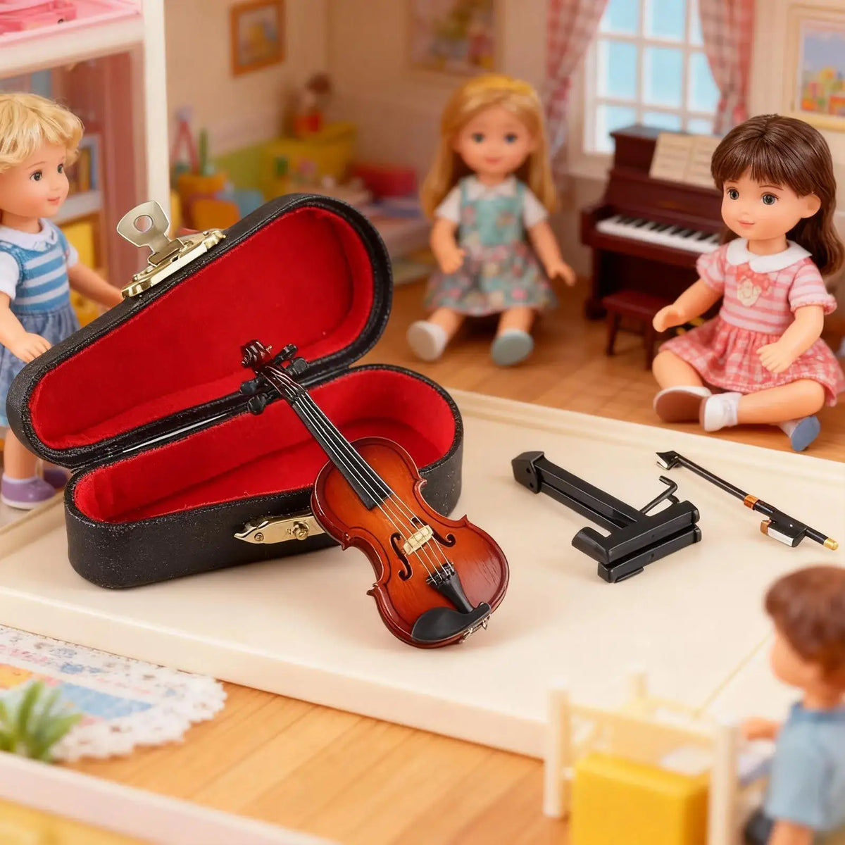 Mini Violin with Sad Music 5 Inch Doll House Decoration Desktop Decor Instrument Model for Children Bedroom Bedside Bookcase Vue