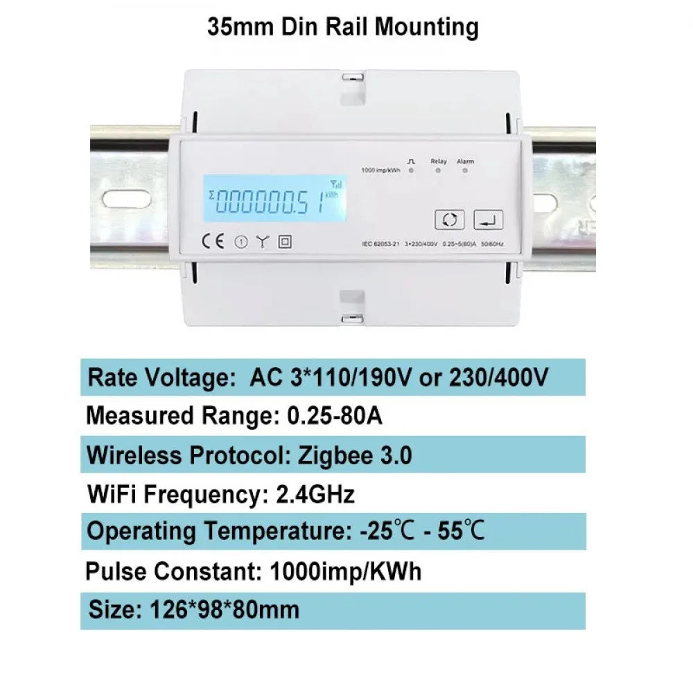 Tuya WiFi/Zigbee 3 Phase Bi Direction Multi-tariff Energy Meter App Power Monitor Remote Control Energy Meter Support Modbus RTU Vue