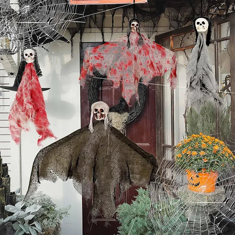 1-20PCS Halloween Ghost Hanging Pendant Set with Spider Web Flag Bunting for Porch Yard Patio Party Ghost Night Decoration Vue
