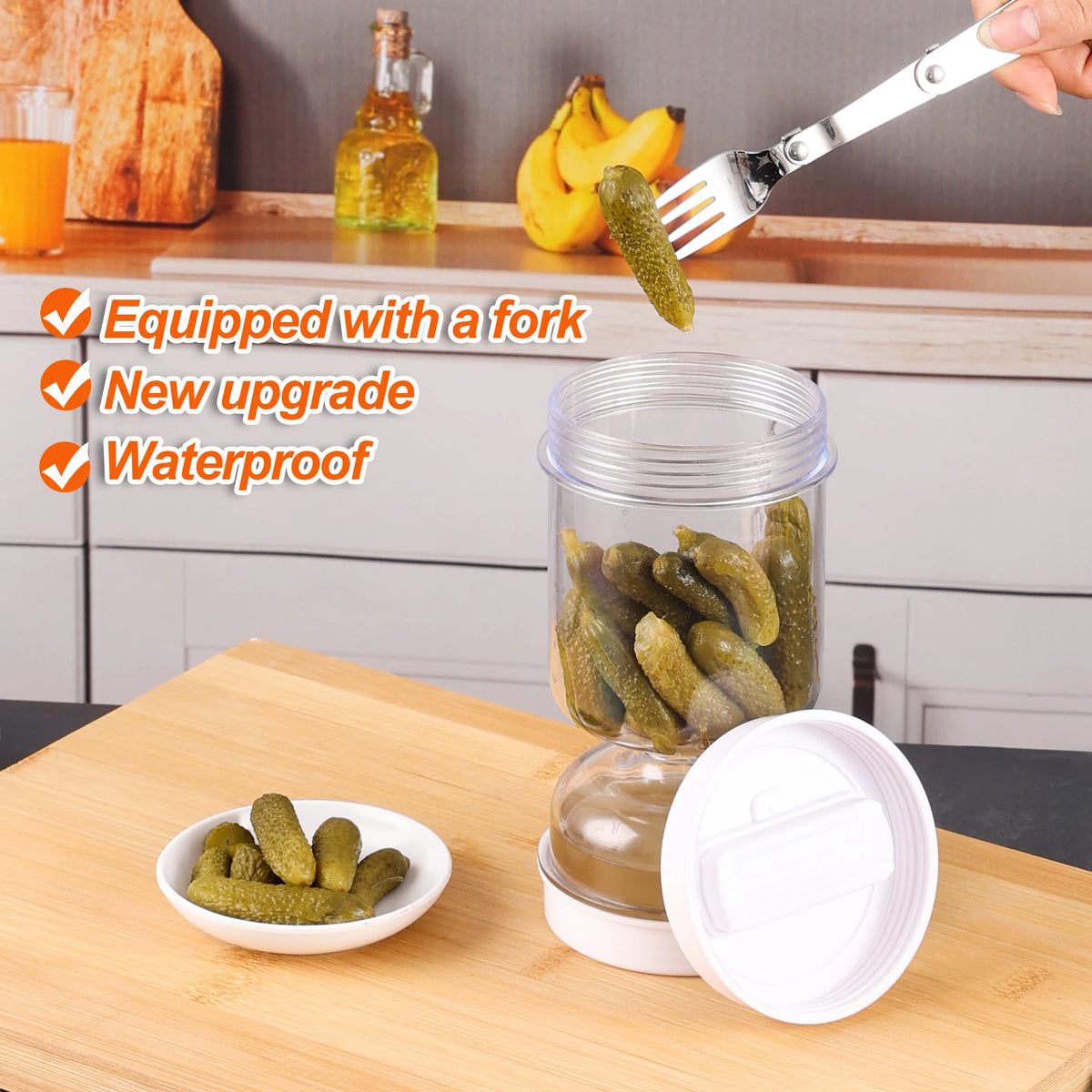 New Olive Container Hourglass Jar with Strainer Flip Pickle Container Olive and Pickle Strainer Jar, for Airtight Food Storage Vue