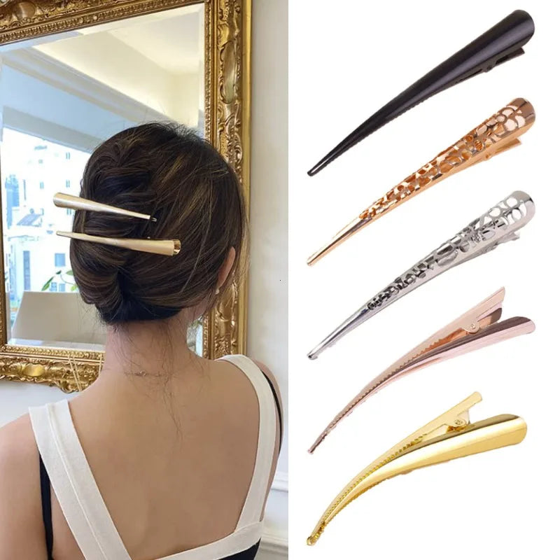 1 par de pinzas largas de metal para el cabello, pinzas con forma de cuerno/dientes de pato, accesorios de peluquería para salón Vue