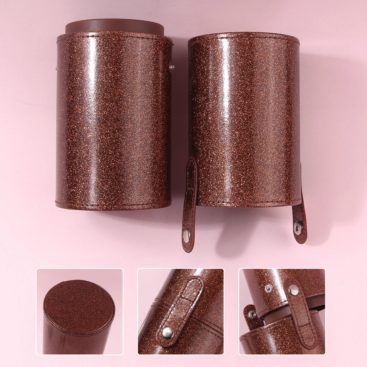 Dustproof Makeup Brush Holder,1PCS Glitter Brown PU Leather Cylinder Snap-Button Storage Bucket Free Shipping Portable Cosmetic Vue