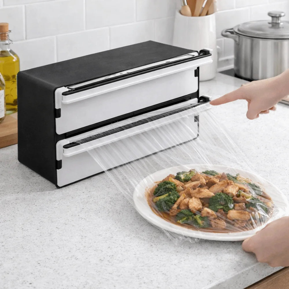 2 in 1 Food Film Dispenser Cutter Plastic Refillable Cling Film Cutter Wrap Organizer Safety Aluminum Foil Cutting Machine Vue