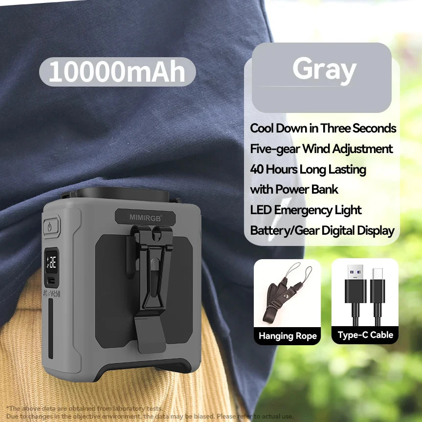 USB Rechargeable Fan Small Outdoor Camping Waist Fan with Power Bank LED Light for Emergency Sports Outdoor Working Vue Gray-10000mAh