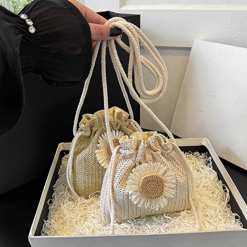 Rattan Woven Women Straw Bag Handbag Knit Flower Summer Beach