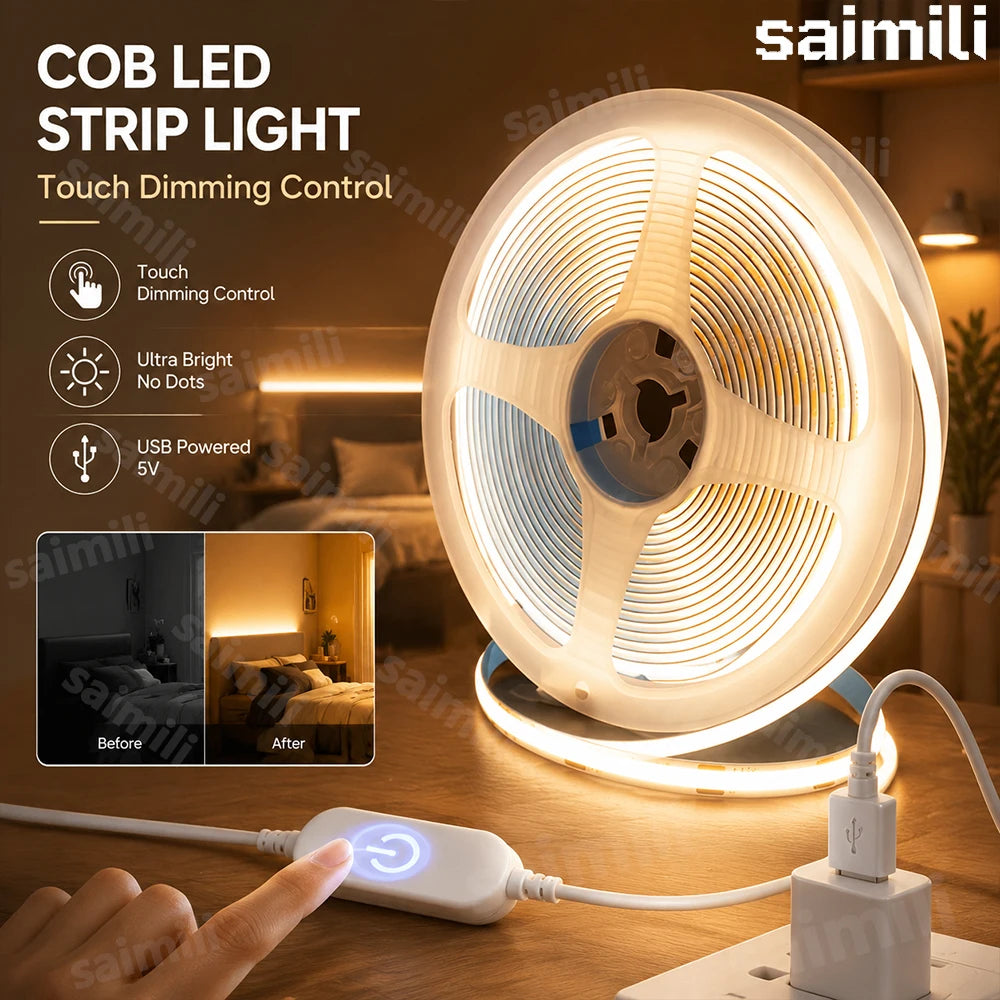 Self Adhesive COB LED Ribbon Light High Density Flexible Light Strip With Touch Dimmer For Bedroom Mirror Household Decor Lamp Vue