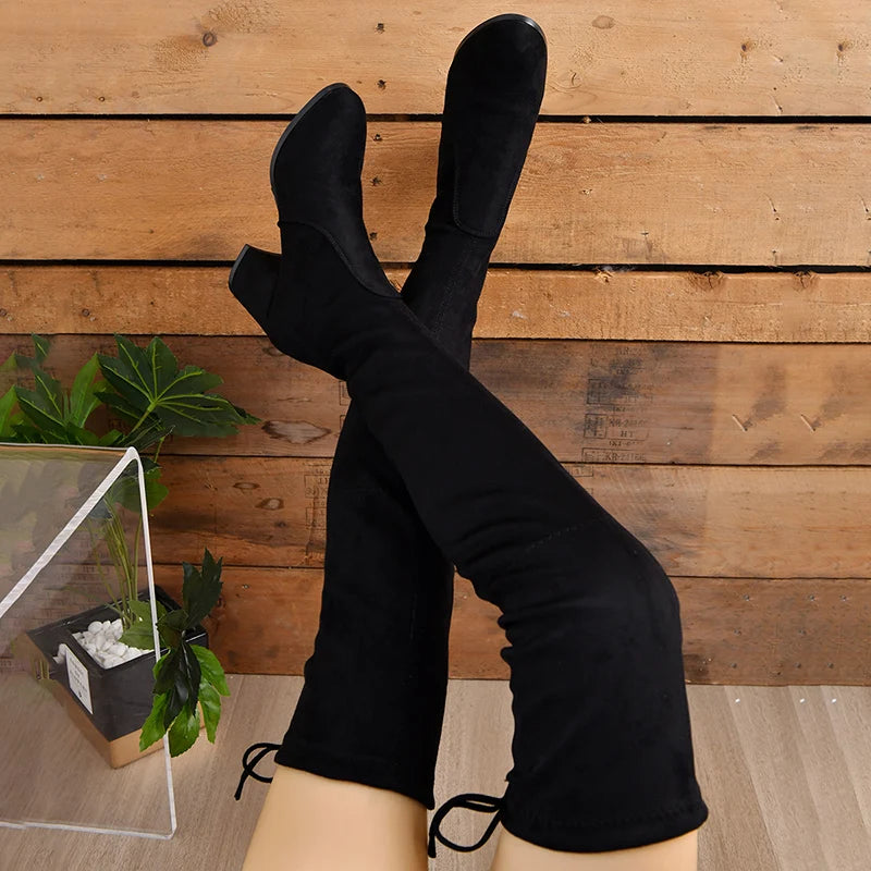 Women's Thigh High Lace-Up Platform Stretch Boots | Block Heel Thigh High Boots Vue
